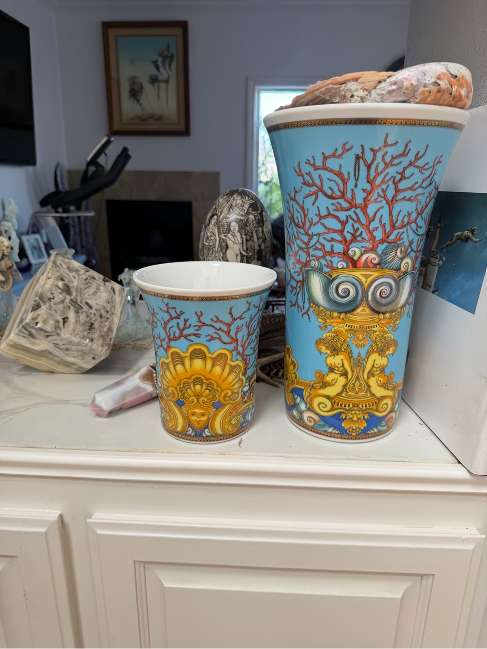 Versace Home Blue and Yellow Shell Motif Porcelain Tumbler - Picture 3 of 3